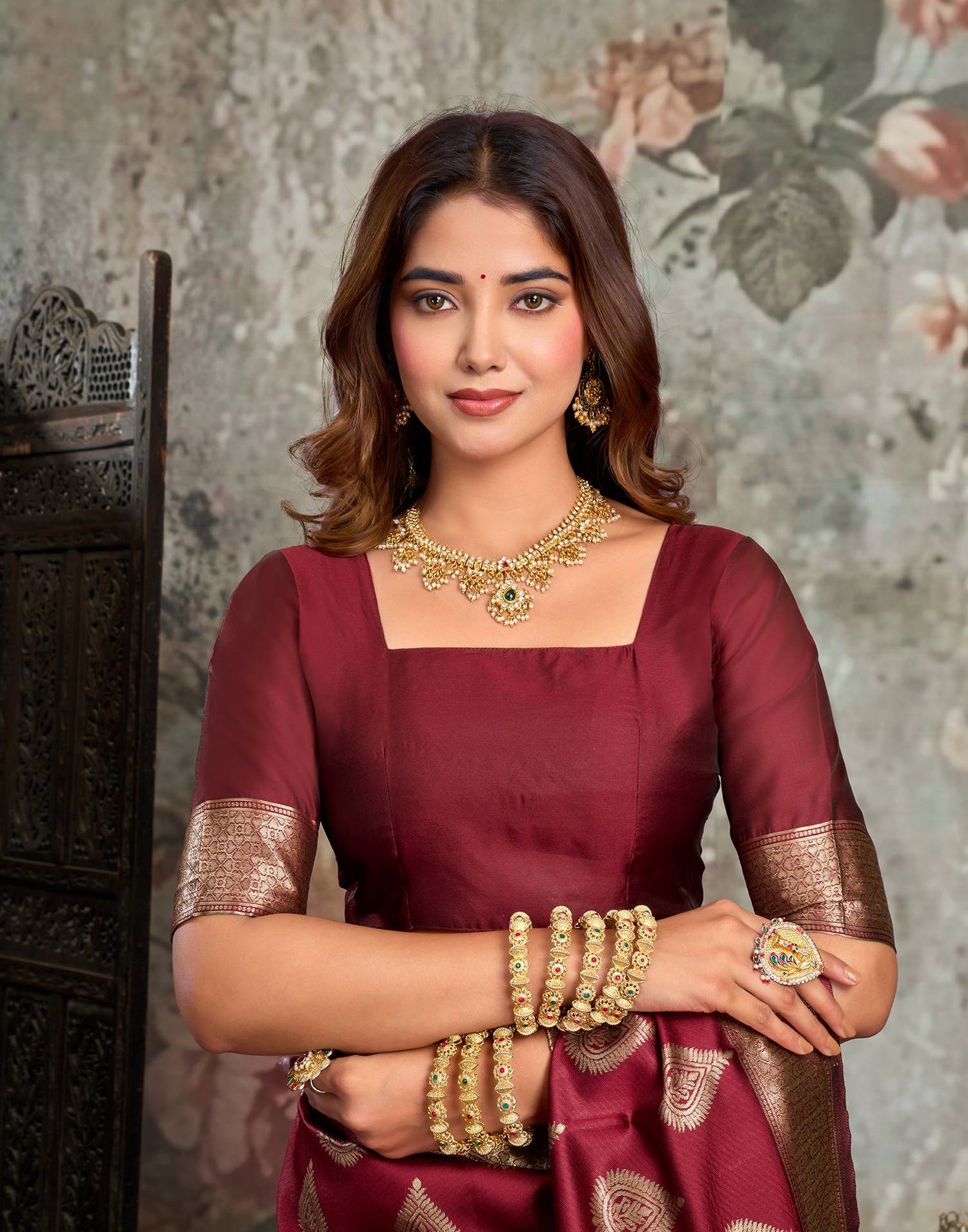Maroon Silk Woven Banarasi Saree