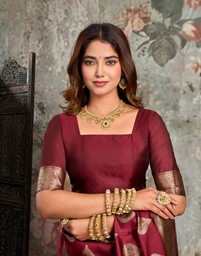 Maroon Silk Woven Banarasi Saree