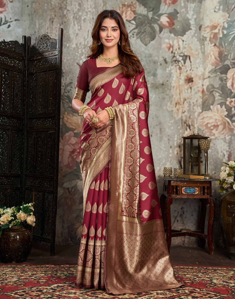 Maroon Silk Woven Banarasi Saree