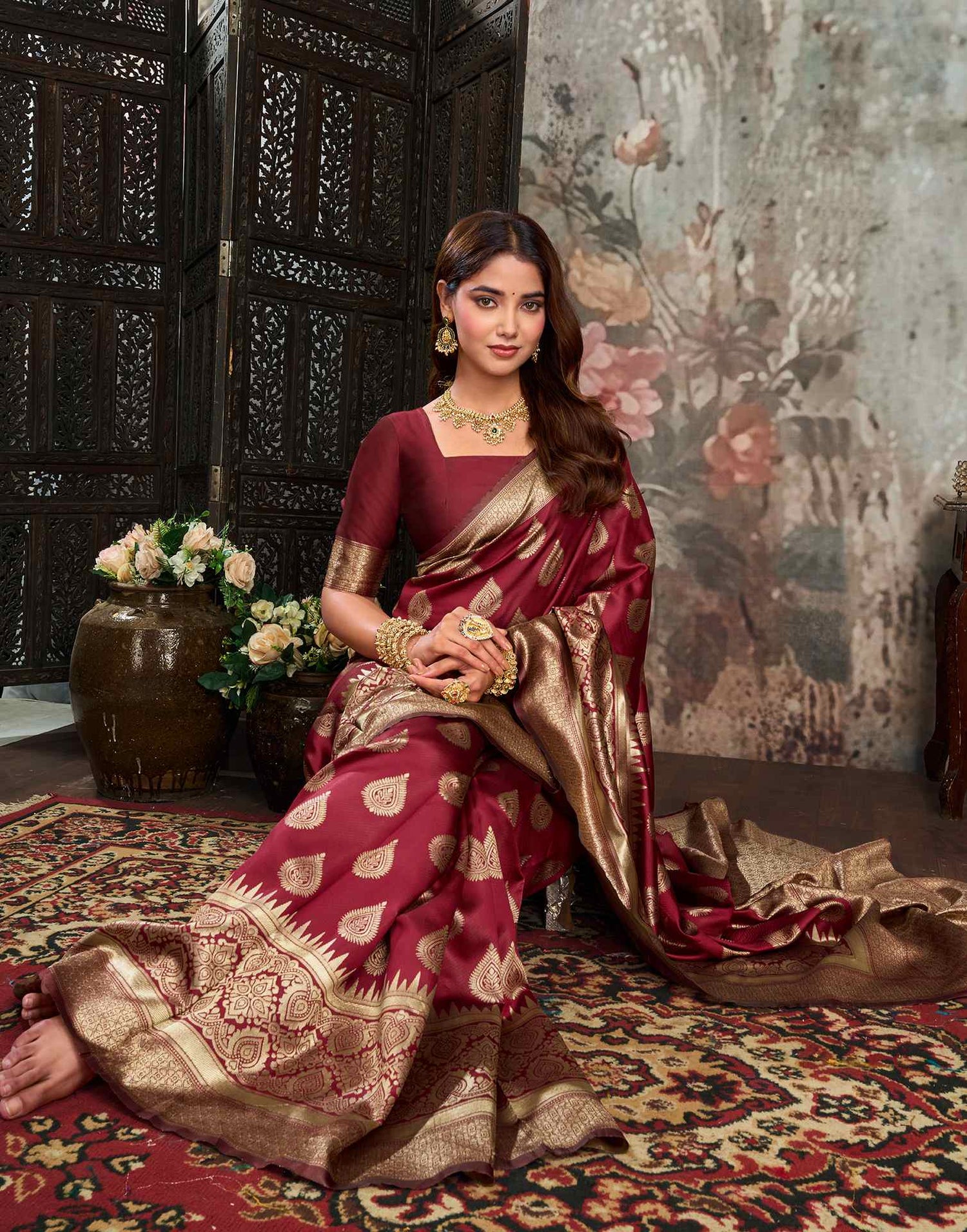 Maroon Silk Woven Banarasi Saree