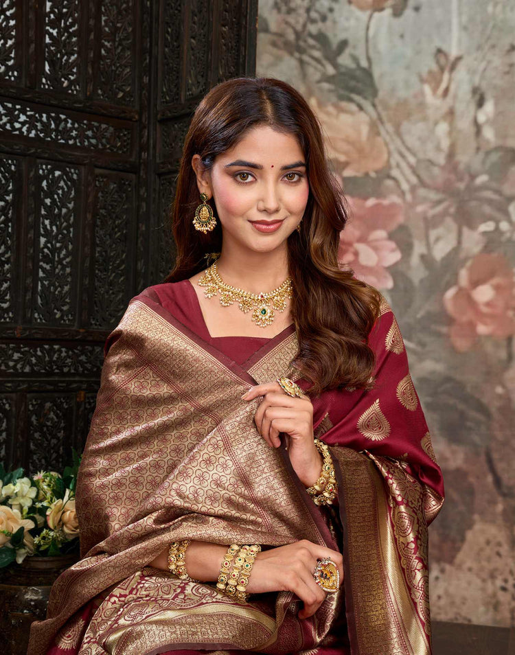Maroon Silk Woven Banarasi Saree