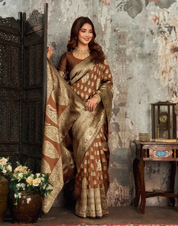 Brown Silk Woven Banarasi Saree
