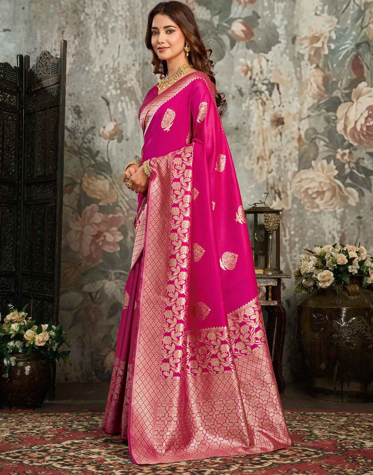 Pink Silk Woven Banarasi Saree