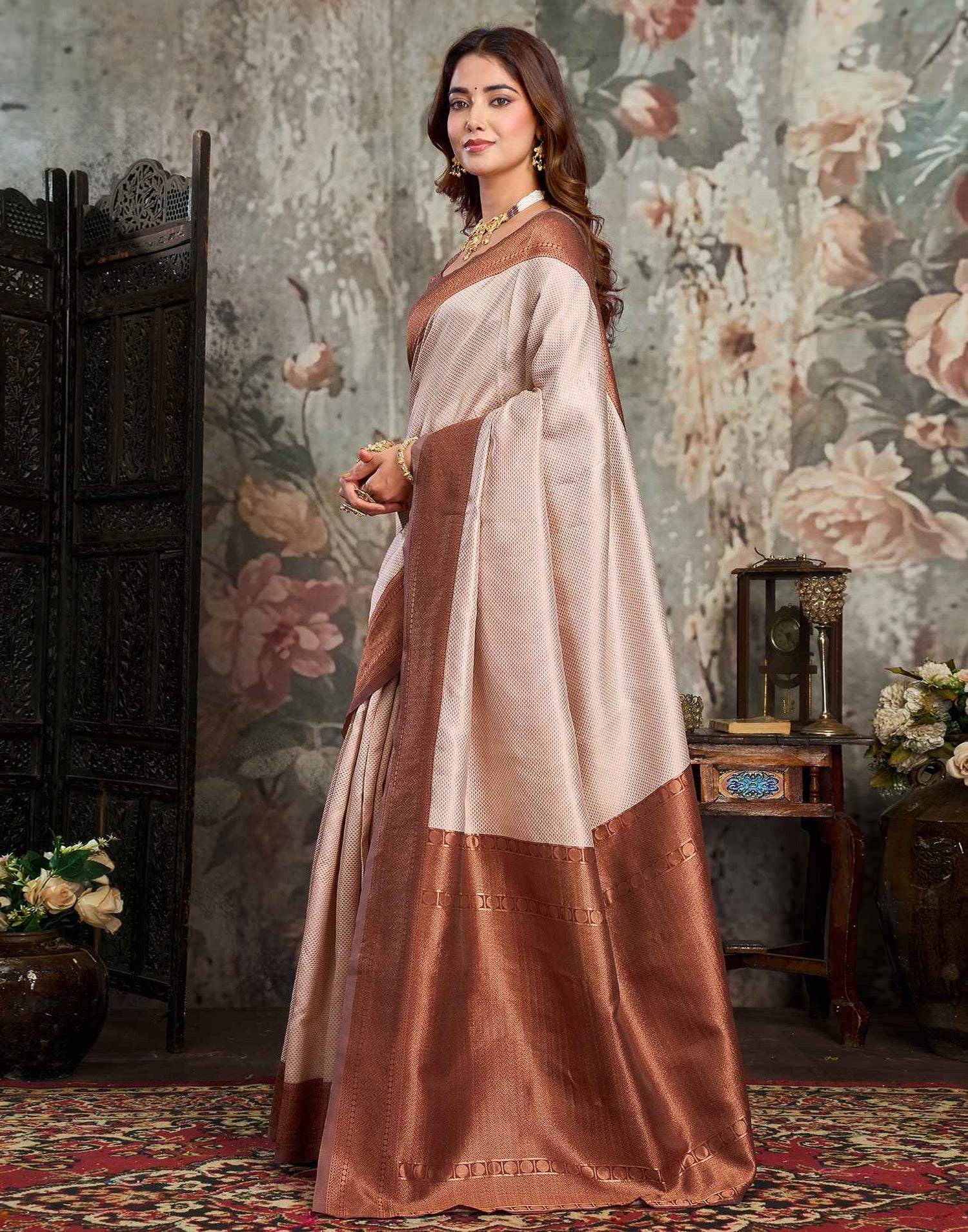 Beige Silk Woven Kanjivaram Saree