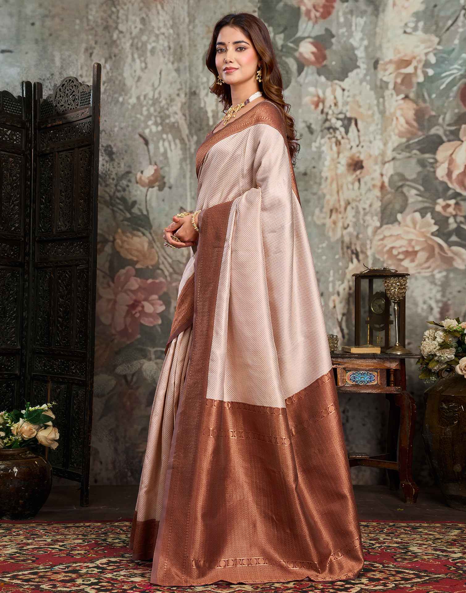 Beige Silk Woven Kanjivaram Saree