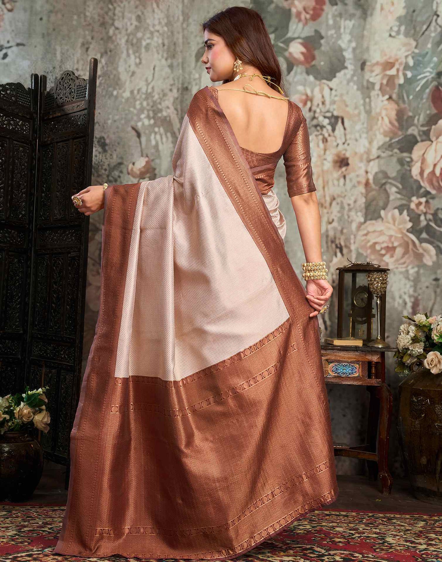 Beige Silk Woven Kanjivaram Saree