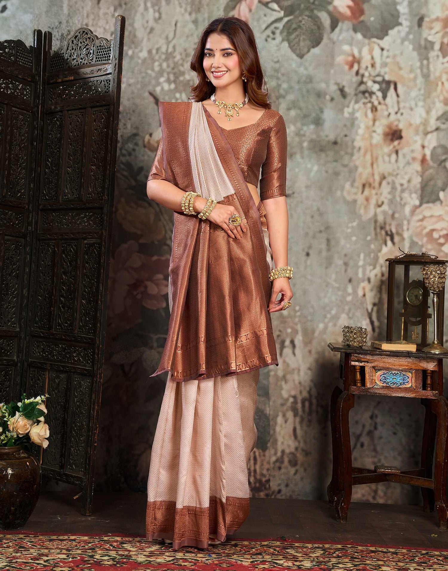 Beige Silk Woven Kanjivaram Saree