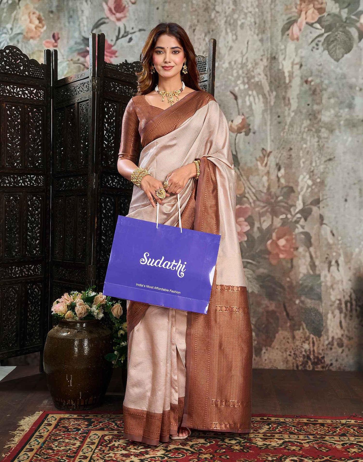 Beige Silk Woven Kanjivaram Saree