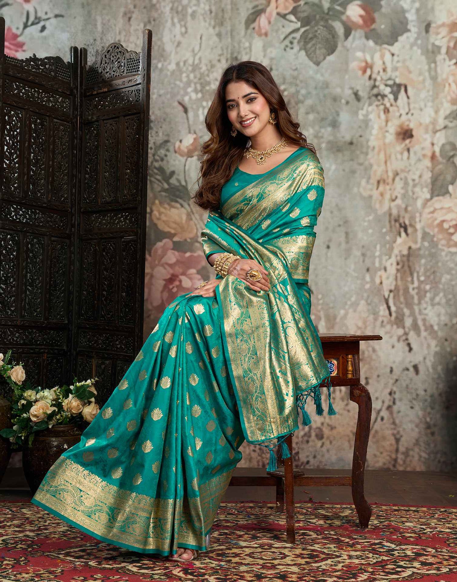 Teal Green Silk Woven Banarasi Saree