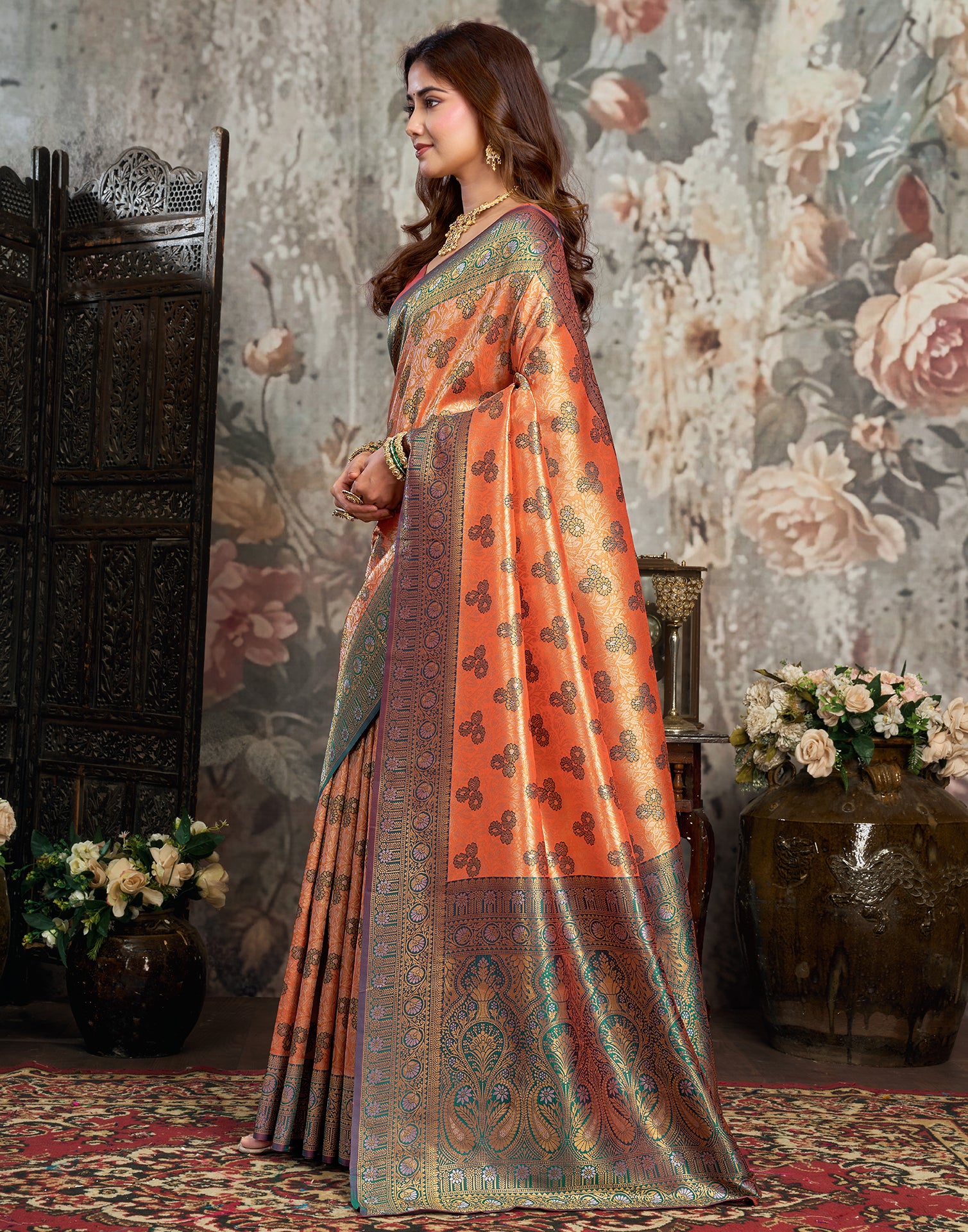 Orange Silk Woven Banarasi Saree