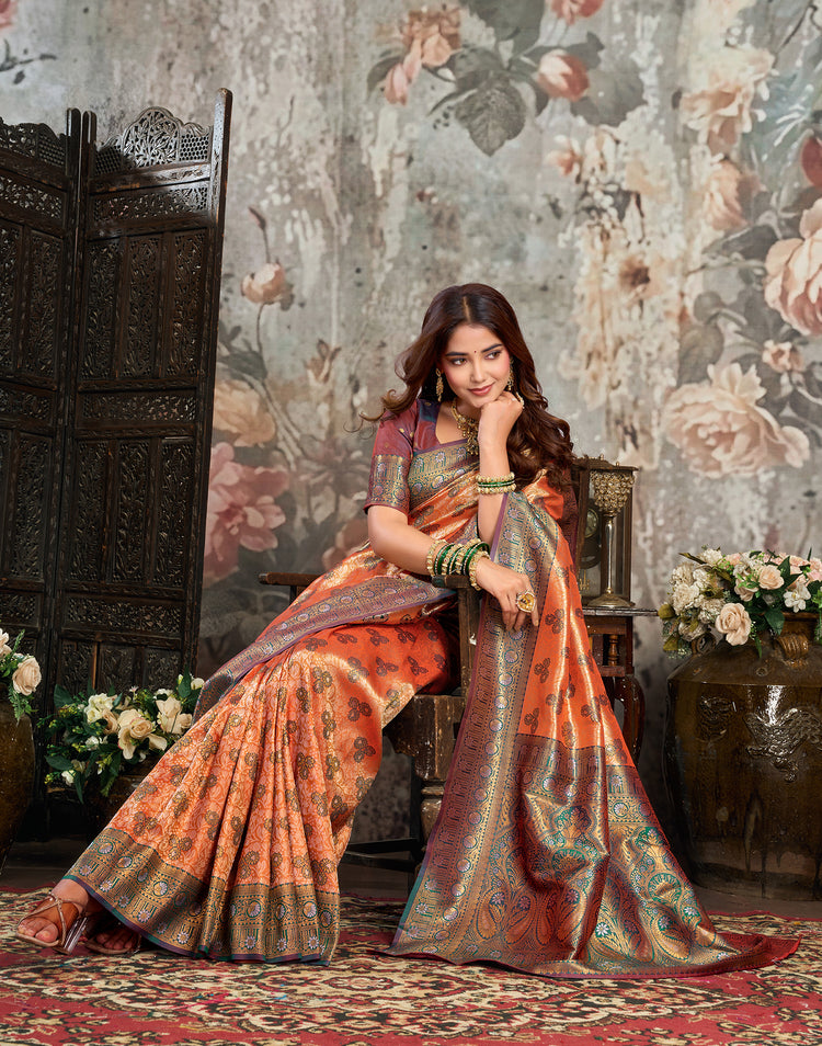 Orange Silk Woven Banarasi Saree
