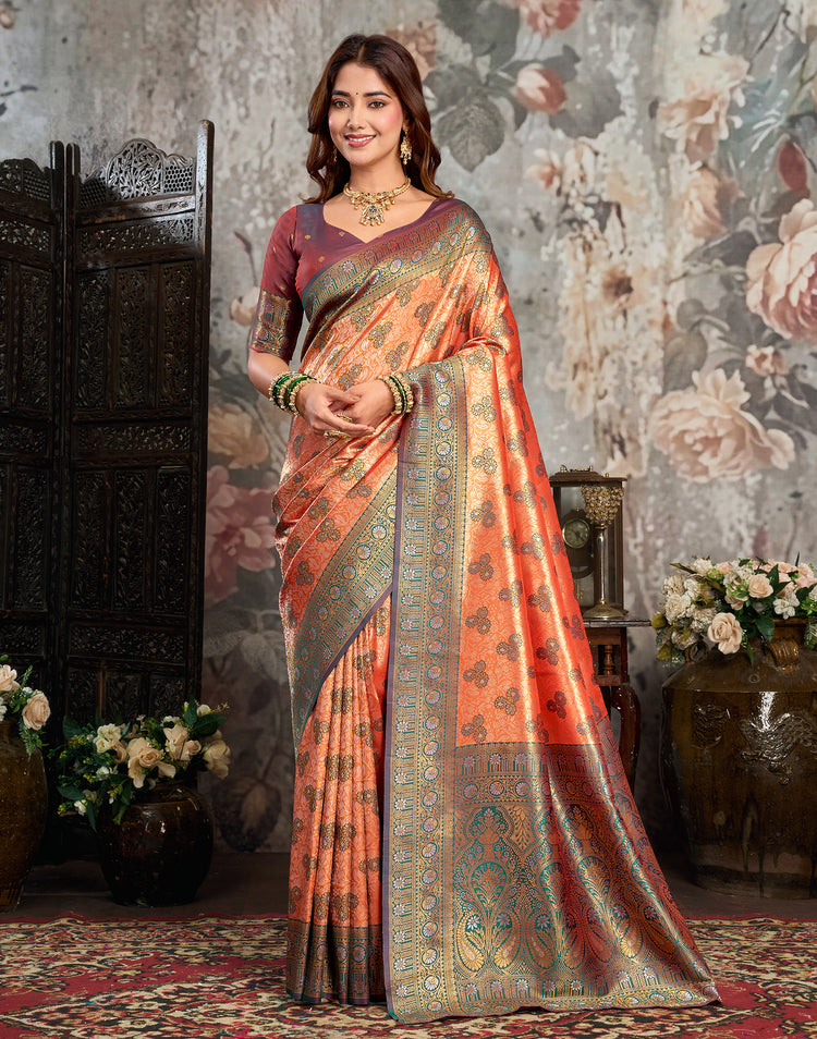 Orange Silk Woven Banarasi Saree
