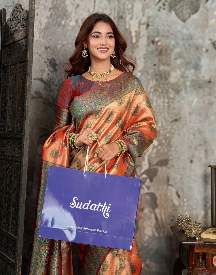 Orange Silk Woven Banarasi Saree