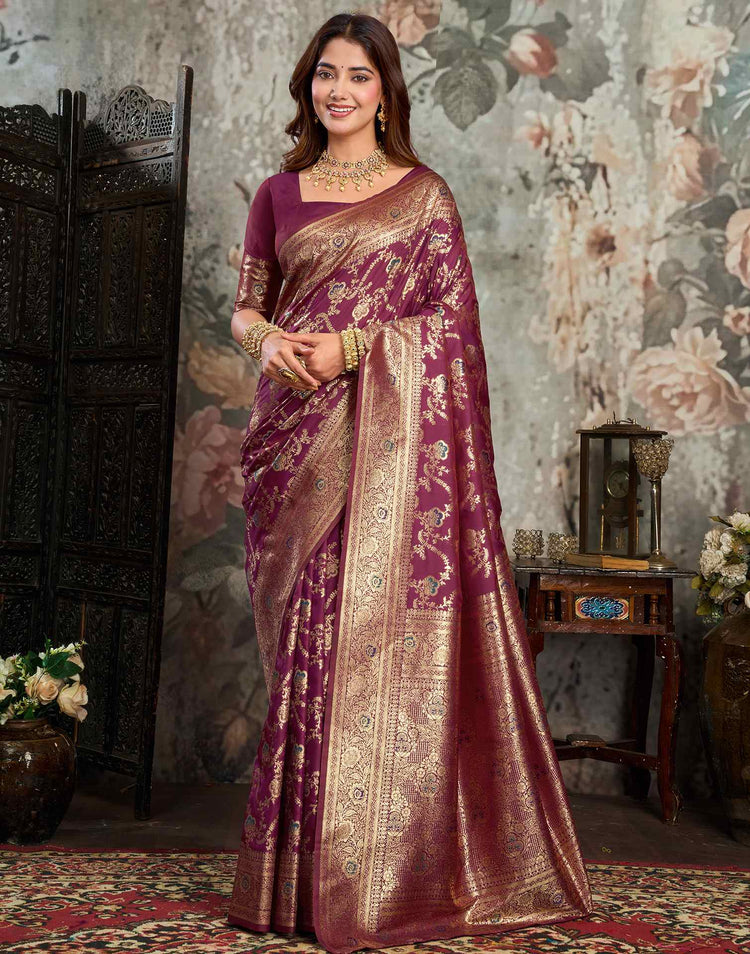 Wine Silk Woven Banarasi Saree