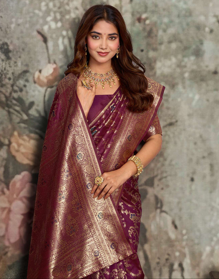 Wine Silk Woven Banarasi Saree
