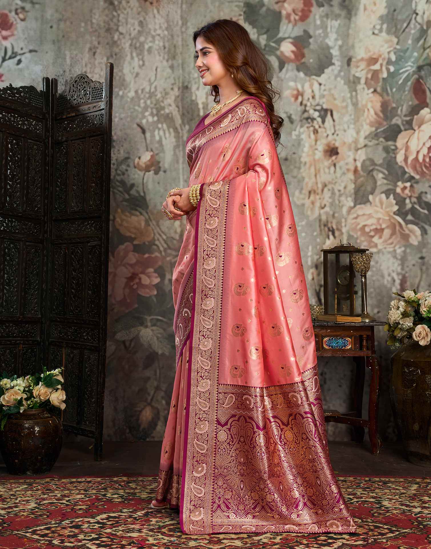 Peach Silk Woven Banarasi Saree