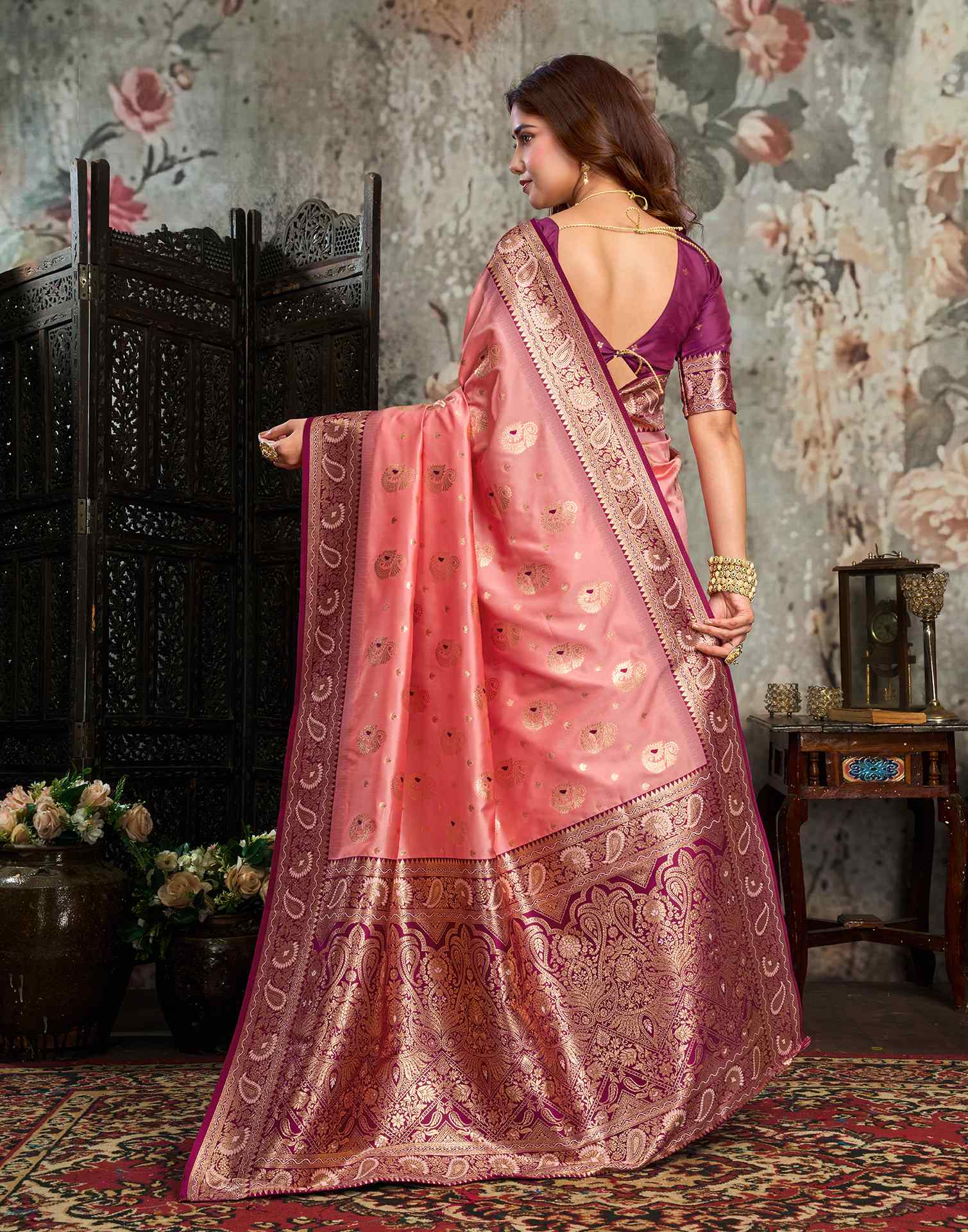 Peach Silk Woven Banarasi Saree