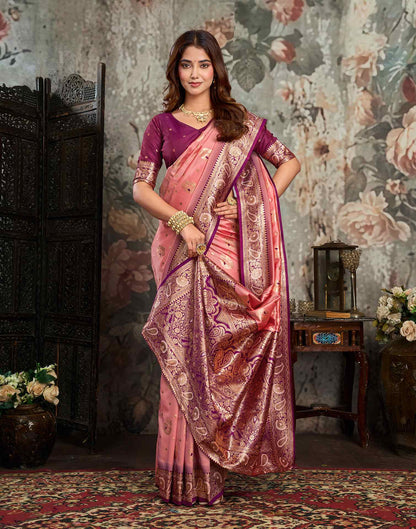 Peach Silk Woven Banarasi Saree