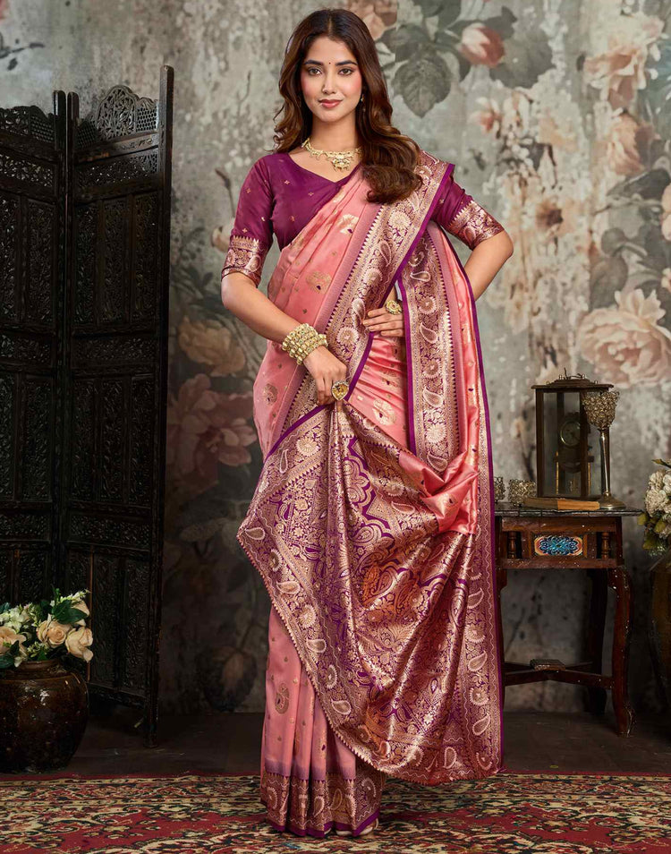 Peach Silk Woven Banarasi Saree