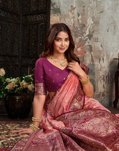 Peach Silk Woven Banarasi Saree
