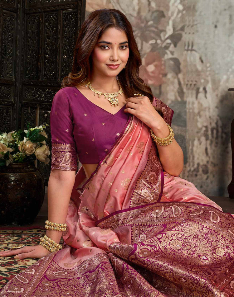 Peach Silk Woven Banarasi Saree