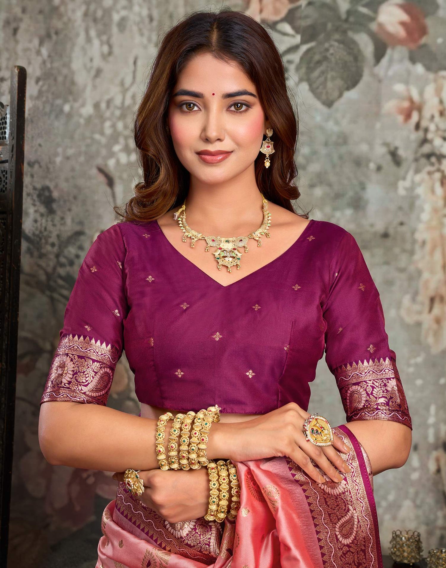 Peach Silk Woven Banarasi Saree