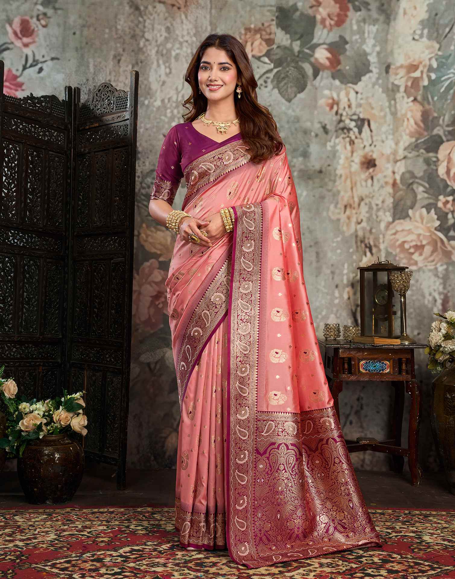 Peach Silk Woven Banarasi Saree