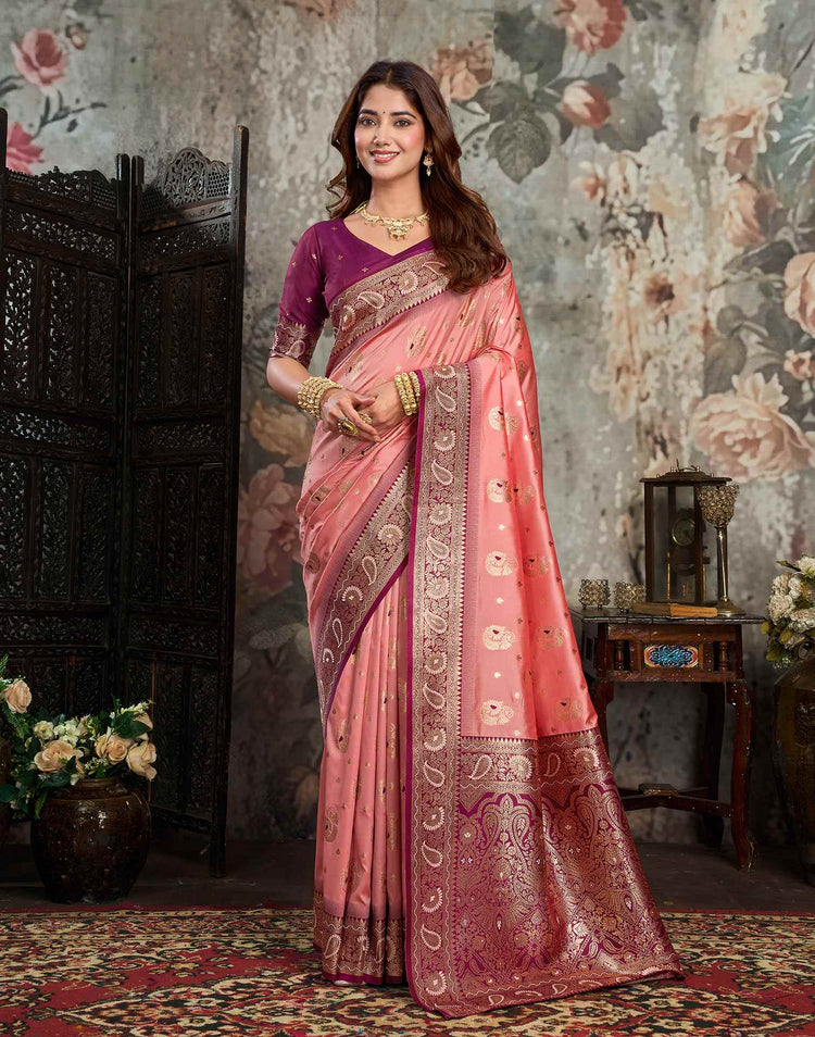 Peach Silk Woven Banarasi Saree