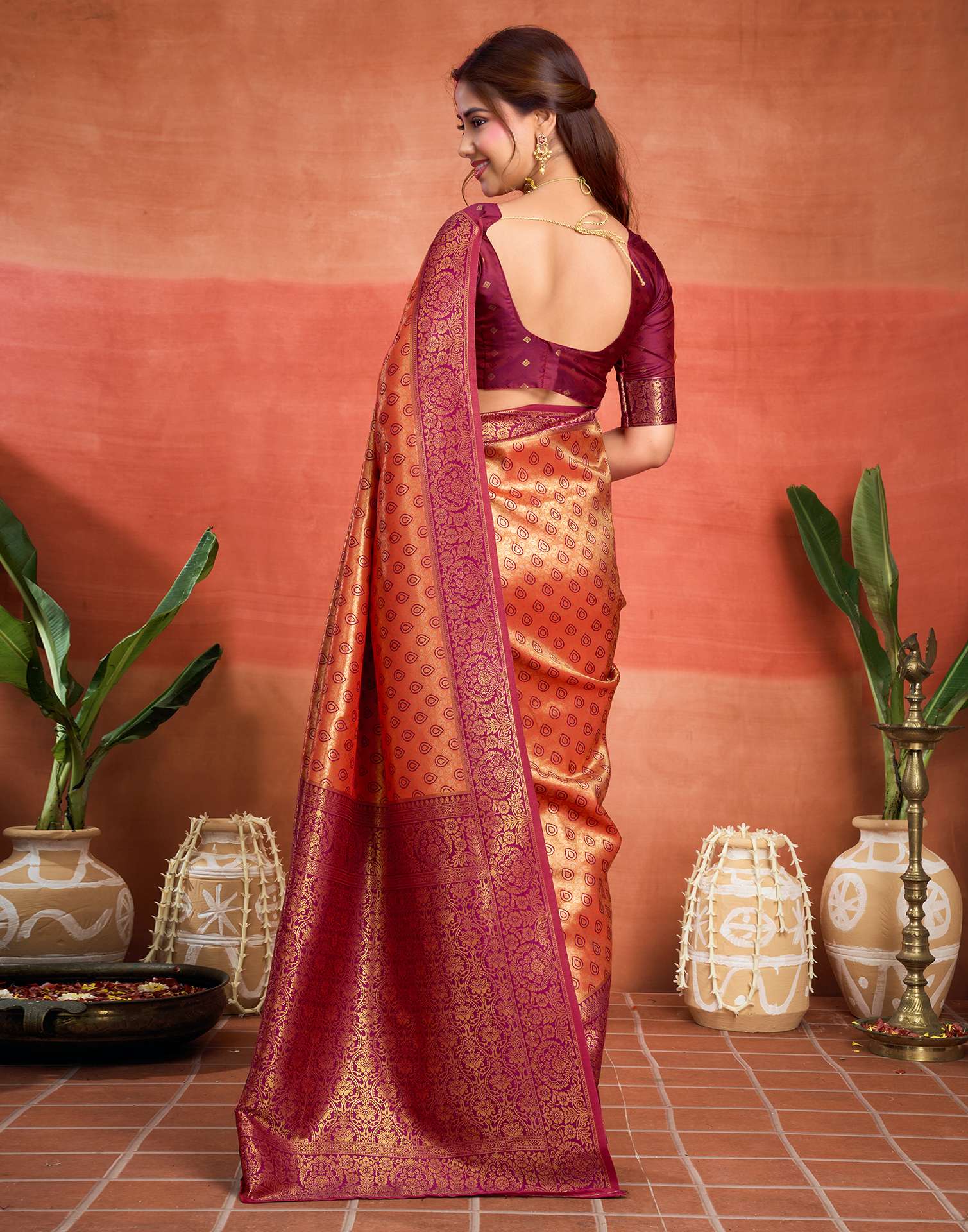Orange Silk Woven Banarasi Saree