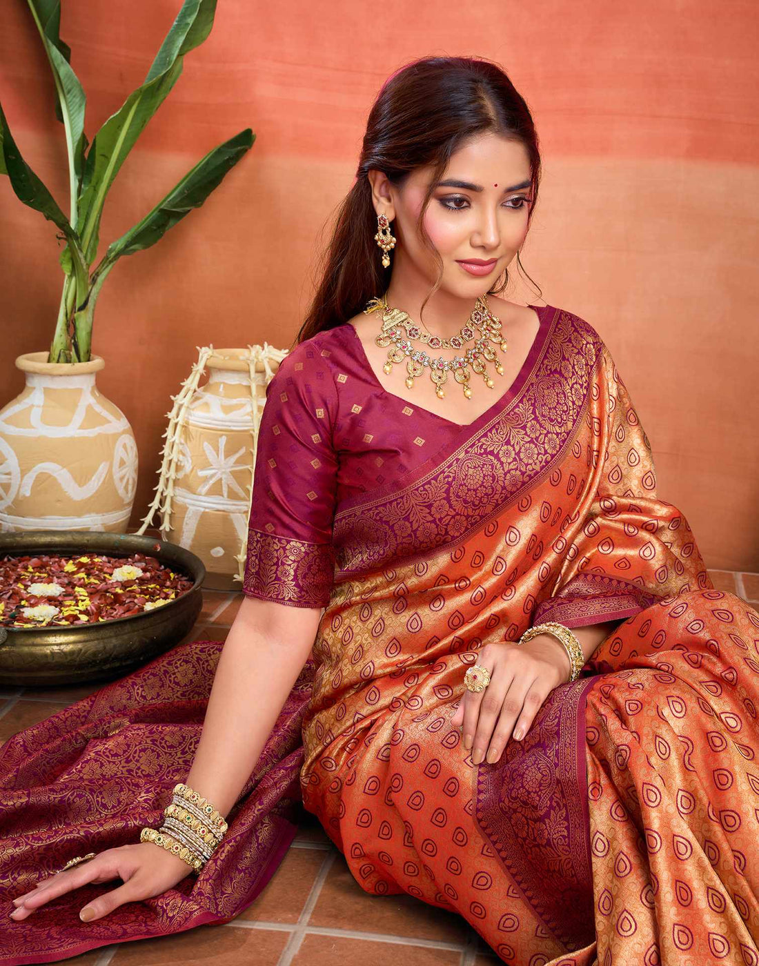 Orange Silk Woven Banarasi Saree