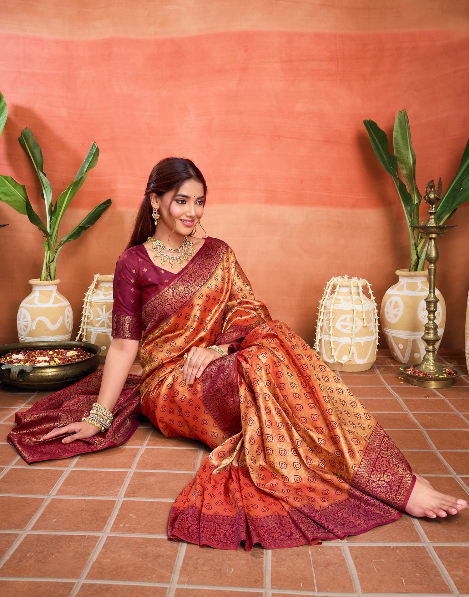 Orange Silk Woven Banarasi Saree