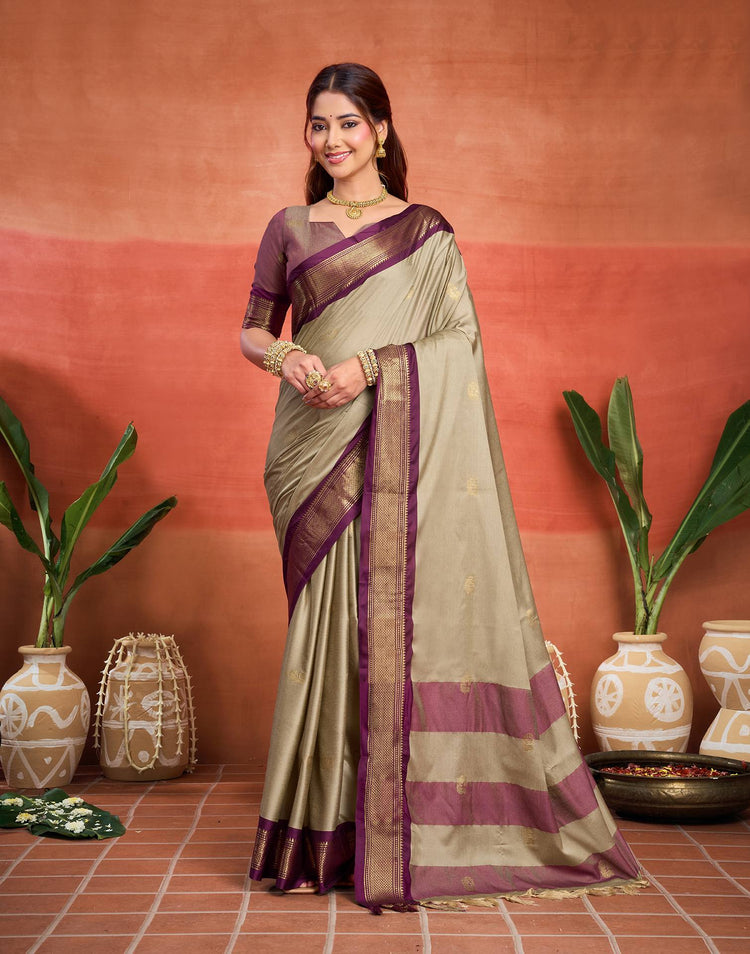 Beige Silk Woven Kanjivaram Saree