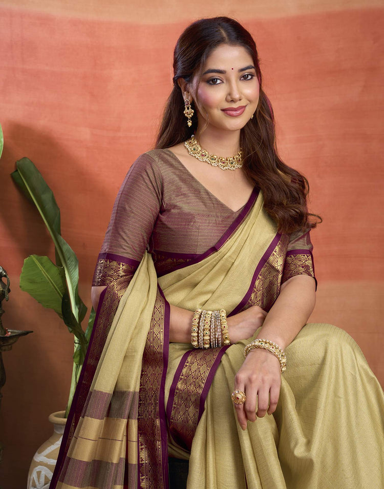Beige Silk Woven Kanjivaram Saree