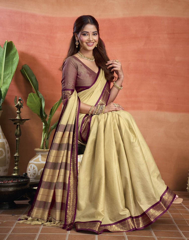 Beige Silk Woven Kanjivaram Saree