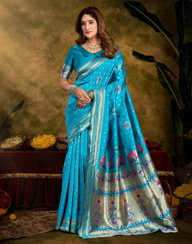 Sky Blue Silk Woven Paithani Saree