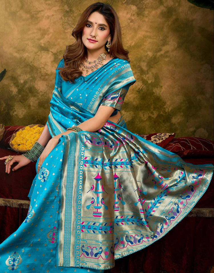 Sky Blue Silk Woven Paithani Saree
