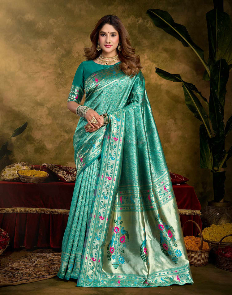 Turquoise Silk Woven Paithani Saree