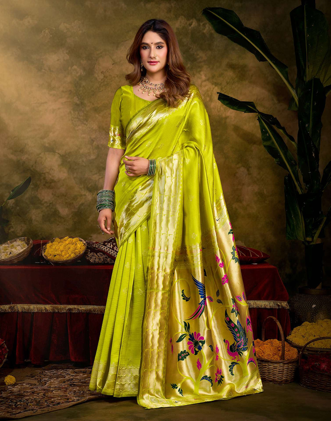 Lime Green Silk Woven Paithani Saree