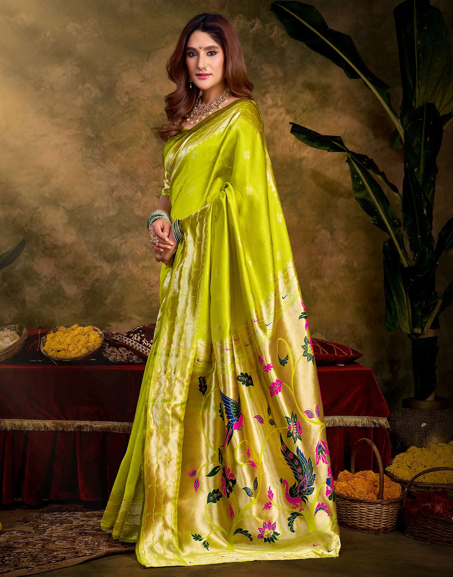 Lime Green Silk Woven Paithani Saree
