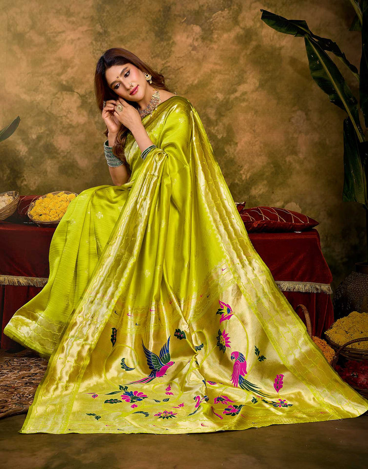 Lime Green Silk Woven Paithani Saree