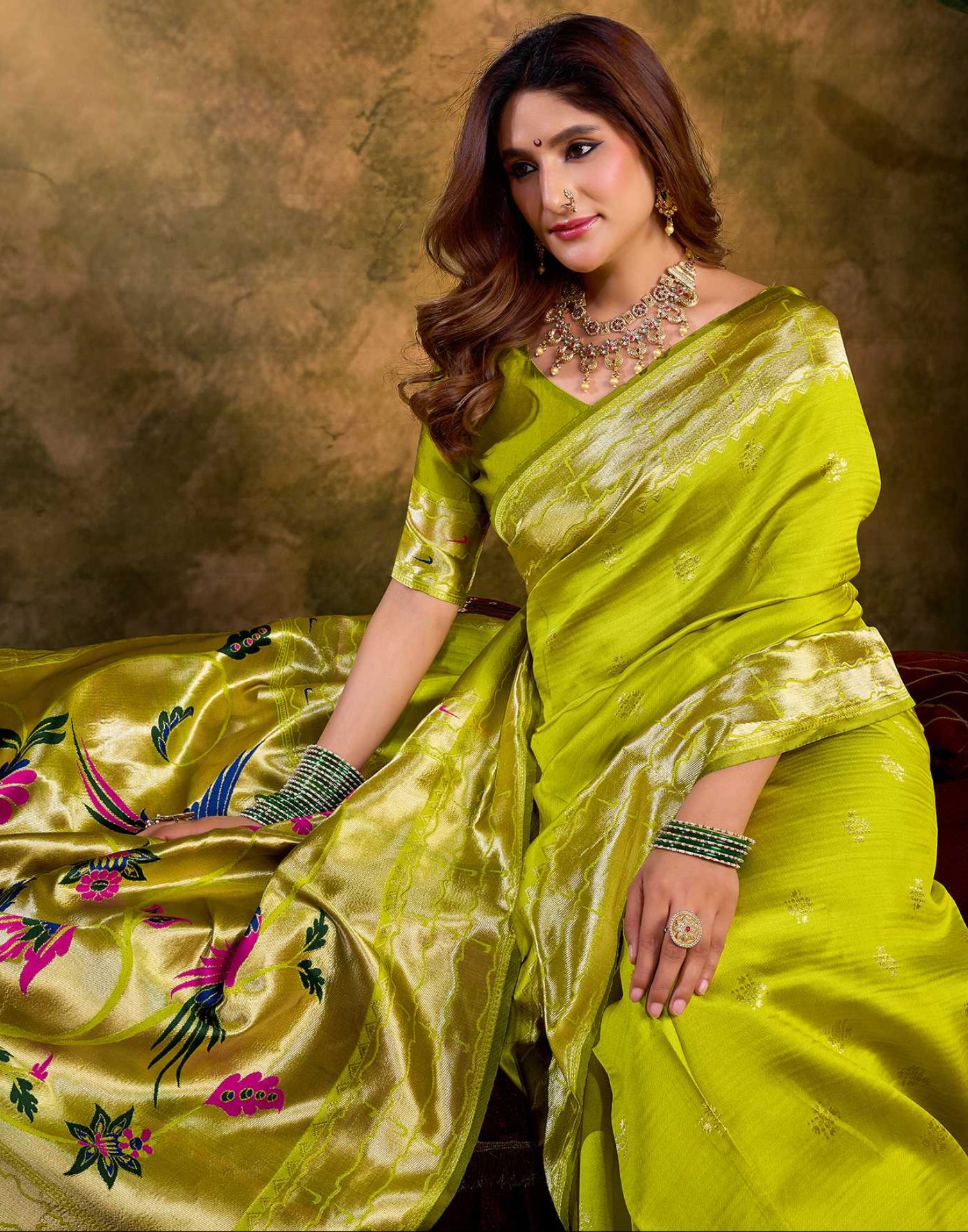 Lime Green Silk Woven Paithani Saree