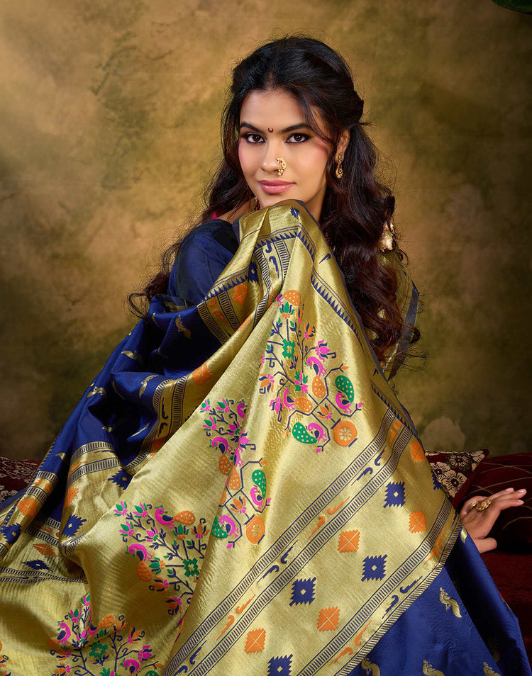 Navy Blue Silk Woven Paithani Saree