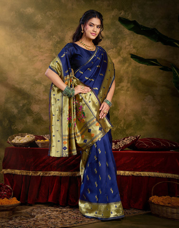 Navy Blue Silk Woven Paithani Saree