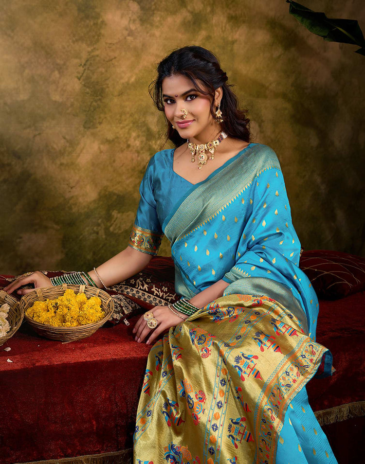 Sky Blue Silk Woven Paithani Saree