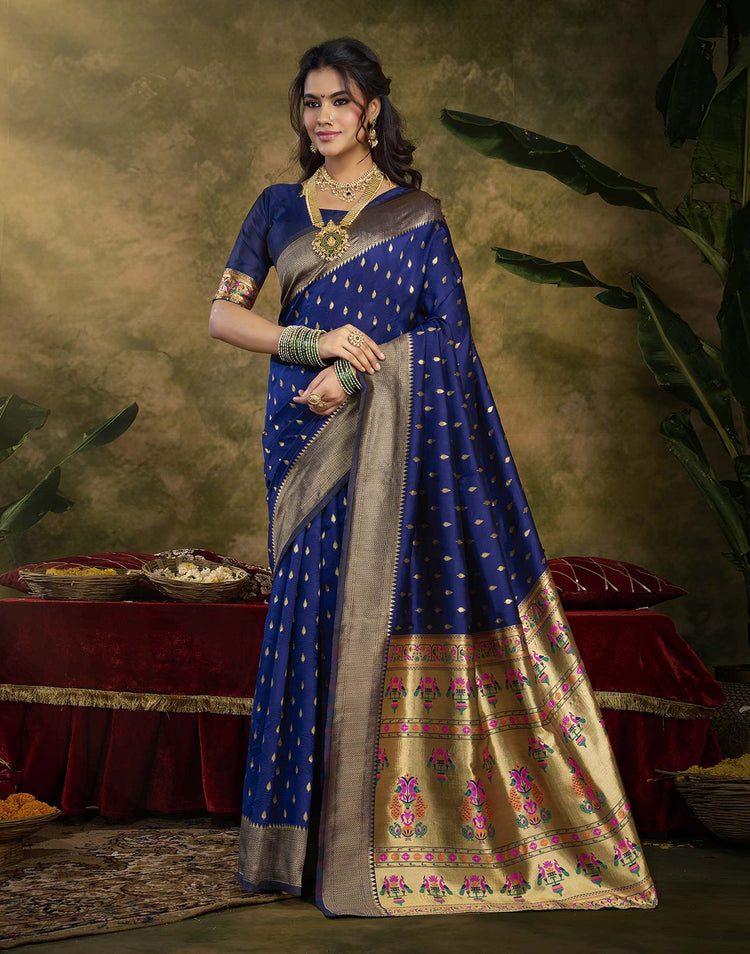 Navy Blue Silk Woven Paithani Saree