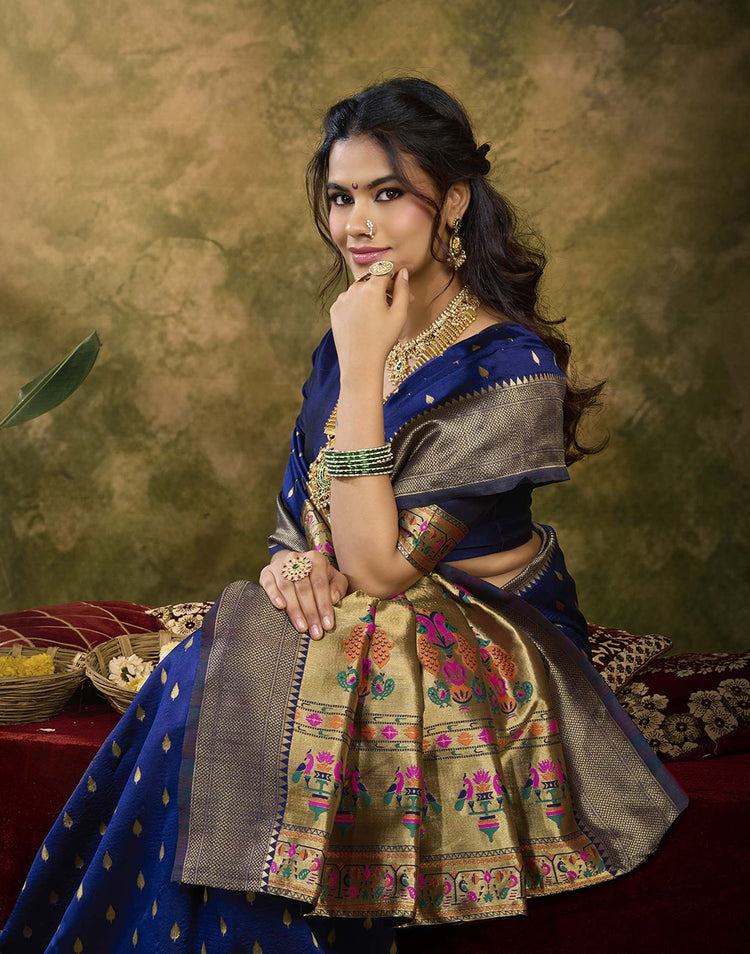 Navy Blue Silk Woven Paithani Saree