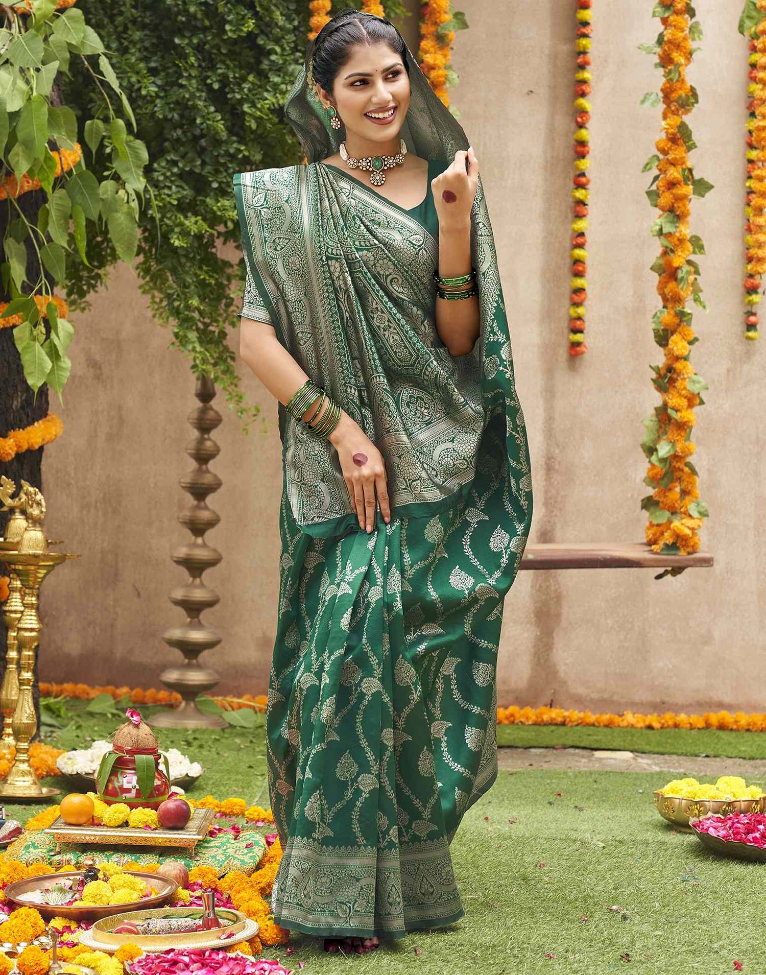 Dark Green Silk Woven Banarasi Saree