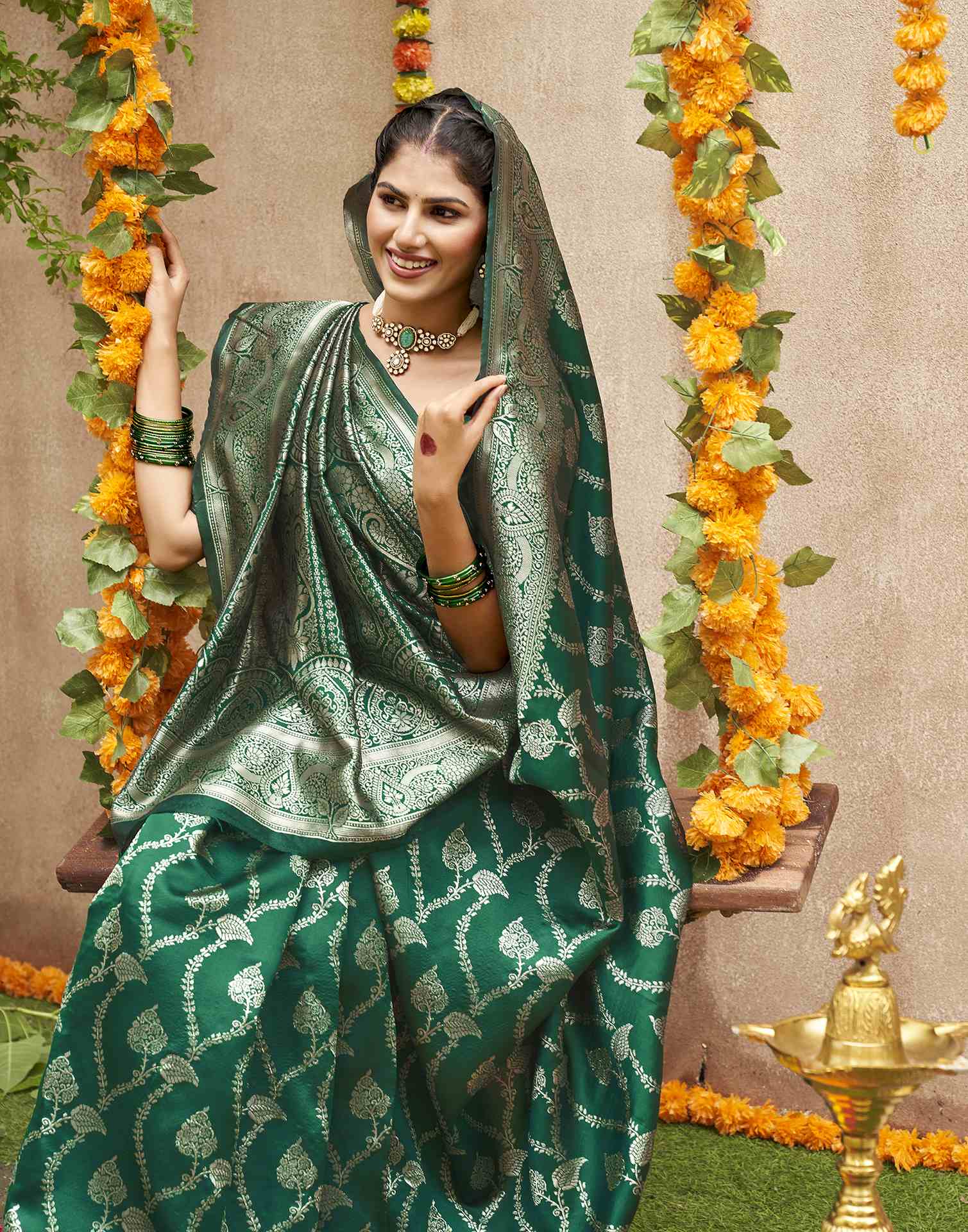 Dark Green Silk Woven Banarasi Saree