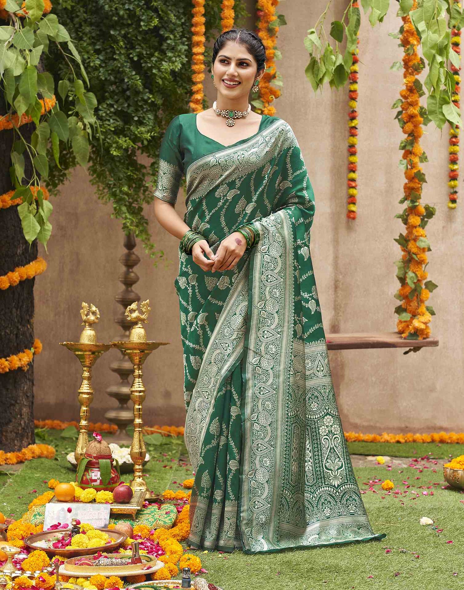Dark Green Silk Woven Banarasi Saree