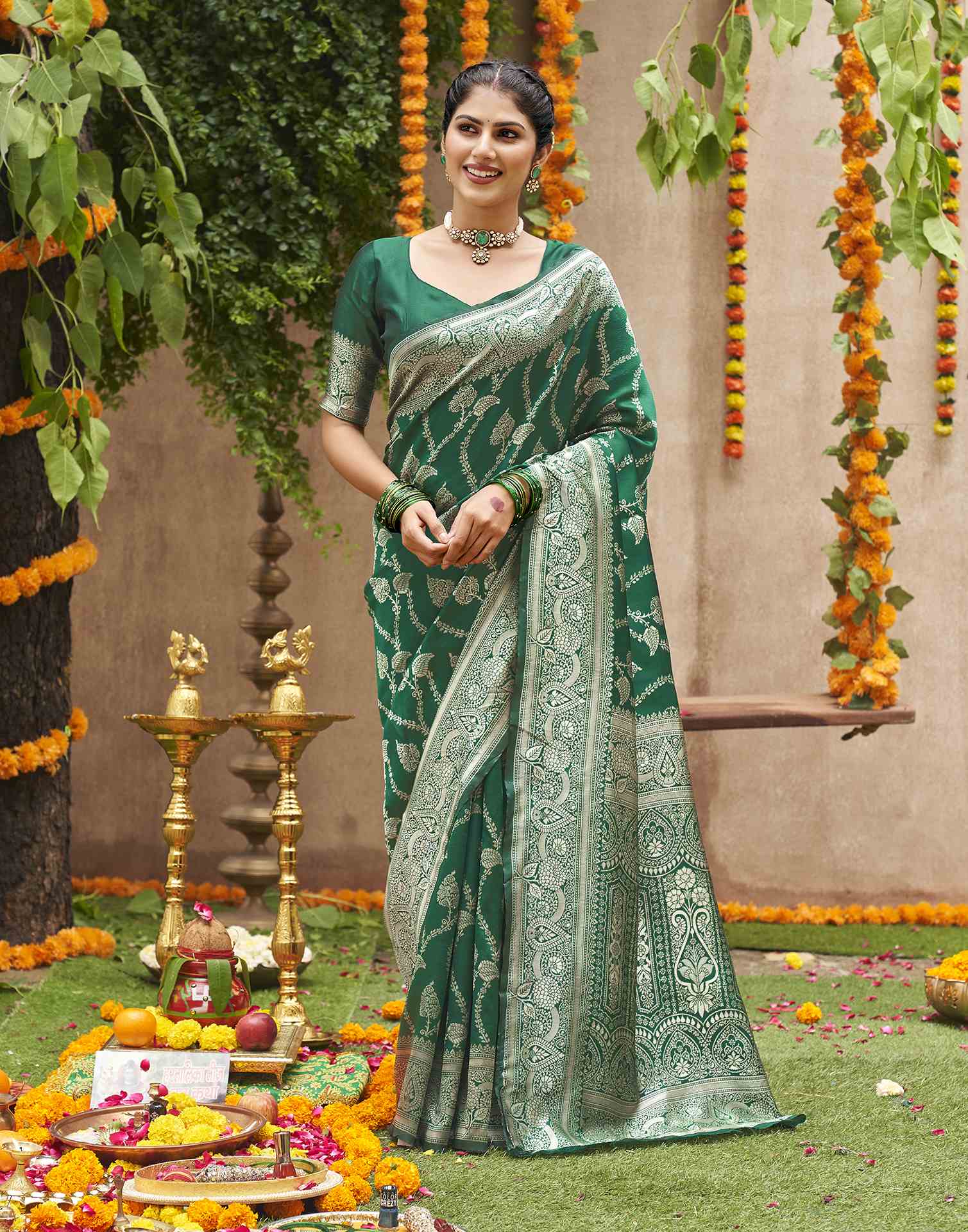 Dark Green Silk Woven Banarasi Saree